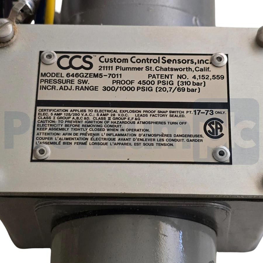 Used CCS Custom Control Sensors 646GZEM5-7011 Dual-Snap Pressure Switch 300-1000 PSIG