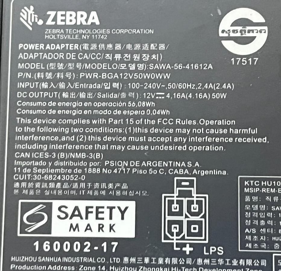 Used Zebra PWR-BGA12V50W0WW Power Supply SAWA-56-41612A Adapter CBL-DC-451A1-01
