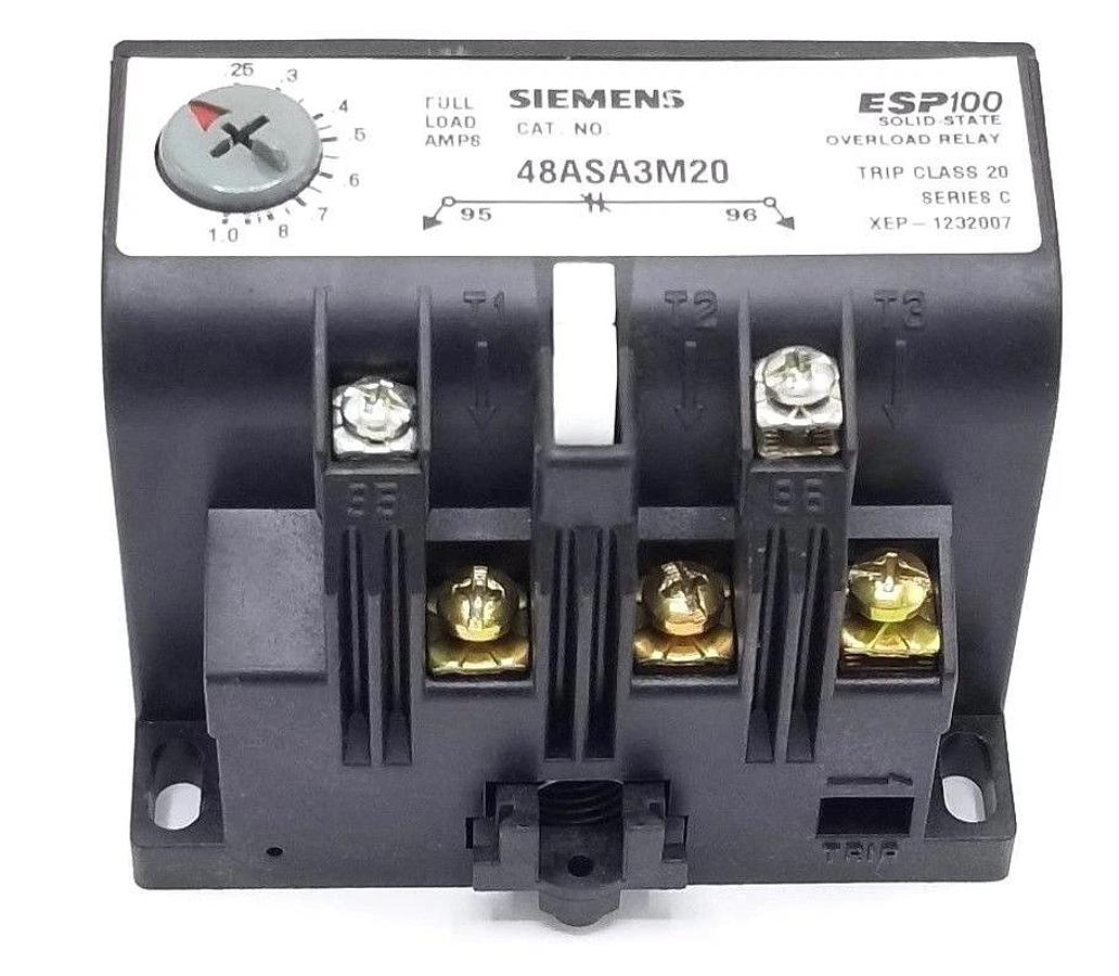 Used SIEMENS 48ASA3M20 OVERLOAD RELAY .25-1AMP RANGE 3PH, 600VAC, ESP 100, SER. C