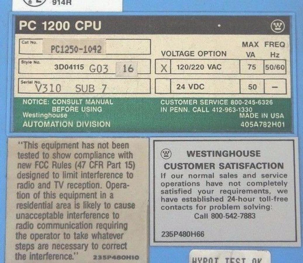 Used WESTINGHOUSE PC1250-1042 PC 1200 SERIES CPU MODULE 3D04115 G03-16, 120/220VAC