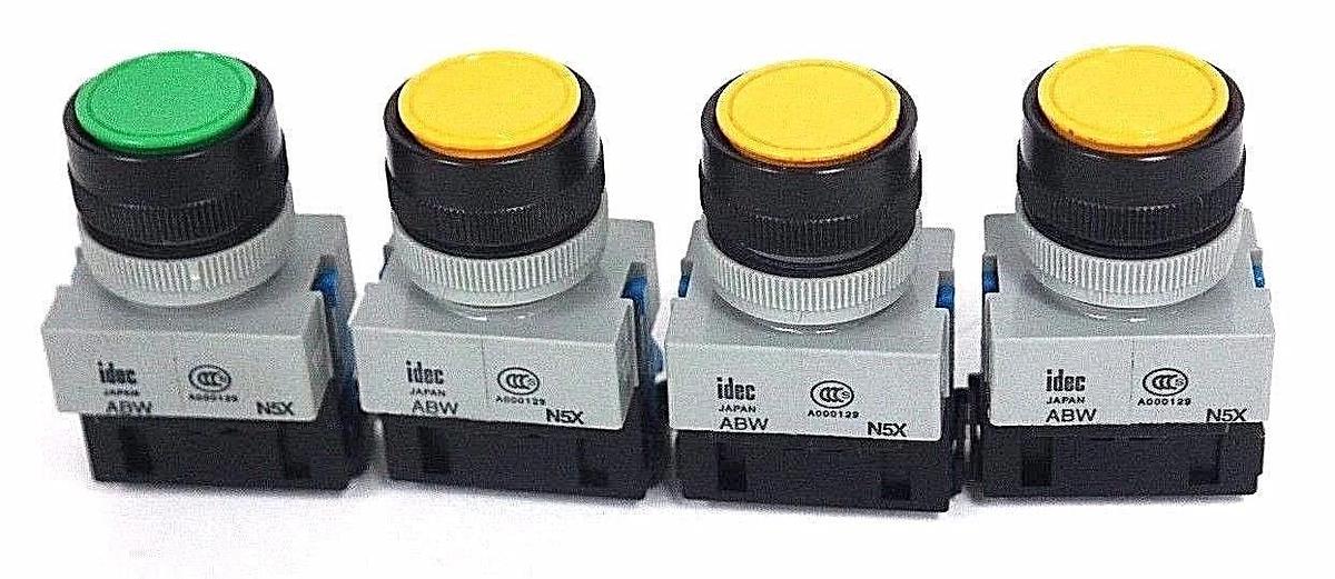 LOT OF 4 IDEC ABWN5X MOMENTARY PUSHBUTTONS W/ HW-C10 CONTACT BLOCKS