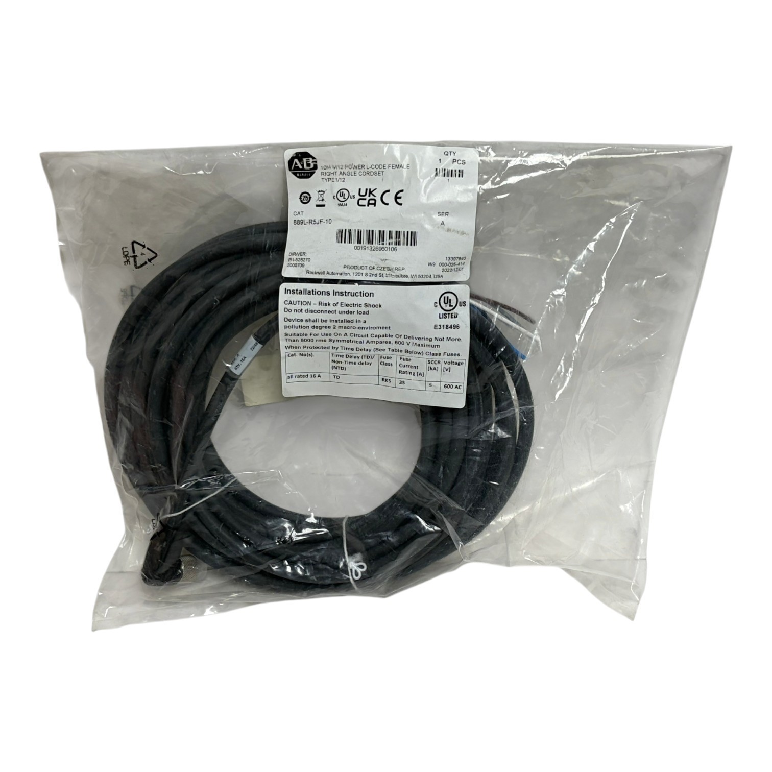 New Sealed Allen-Bradley 889L-R5JF-10 M12 Power L-Code Cordset 10m 16A