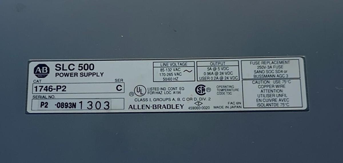 Used ALLEN BRADLEY 1746-P2 /C SLC 500 POWER SUPPLY W/ 1746-A7 /A SLOT RACK 7SLOT USNP
