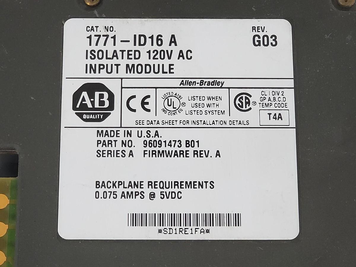 Used ALLEN BRADLEY 1771-ID16 SER. A REV. G03 INPUT MODULE P/N 96091473 B01 F/W REV. A