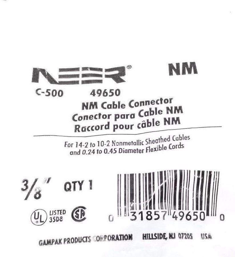 Used NEW NEER 49650 NM CABLE CONNECTOR C-500, 3/8''