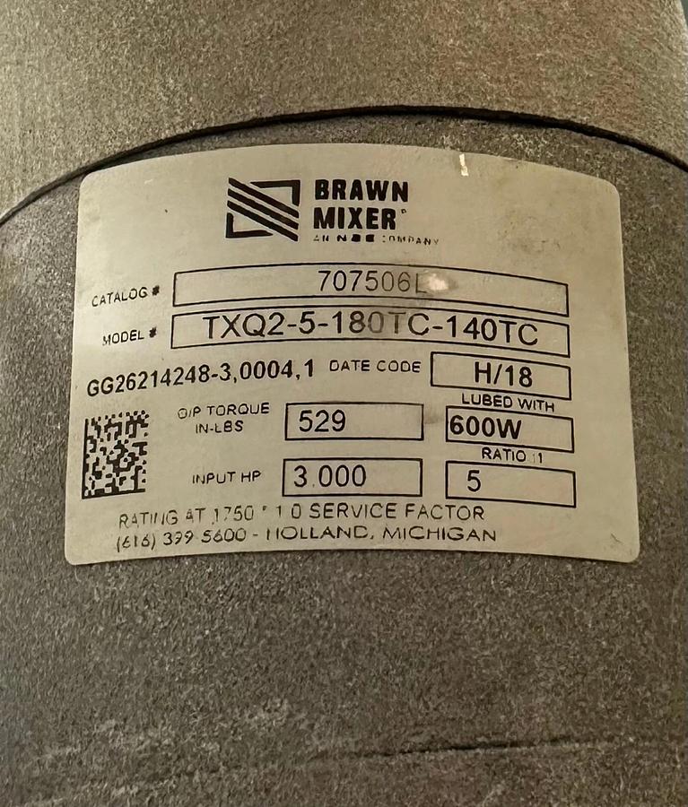 Used BRAWN MIXER BGMF500 PROCESS MIXER TXQ2-5-180TC-140TC 3HP 707506L 600W 5:1 RATIO