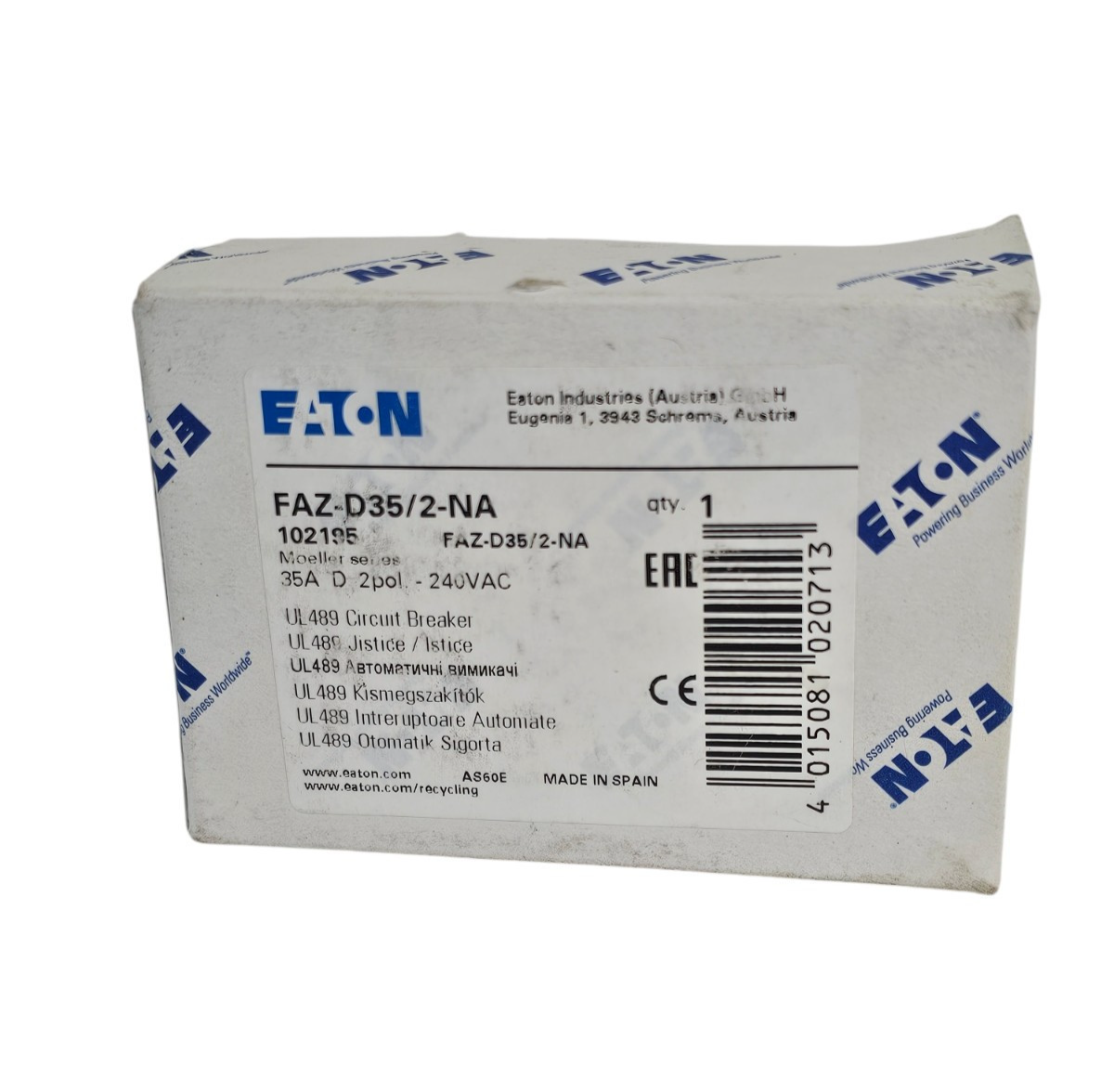 NIB EATON FAZ-D35/2-NA MINIATURE CIRCUIT BREAKER 35A 2P 240VAC