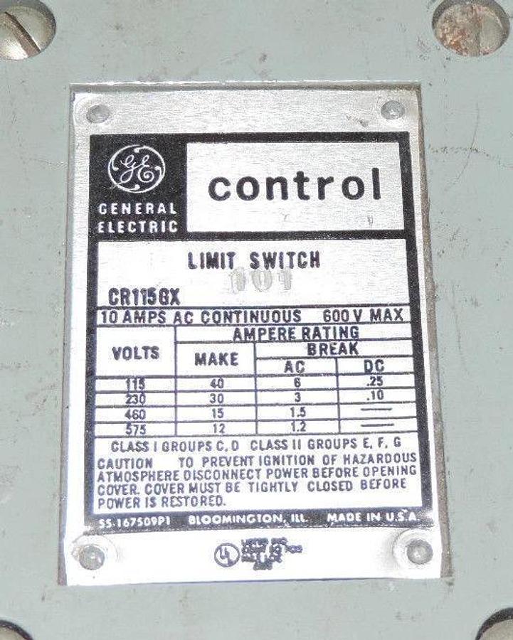 Used GENERAL ELECTRIC CR115GX101 LIMIT SWITCH 10AMP 600V MAX CR115-GX101