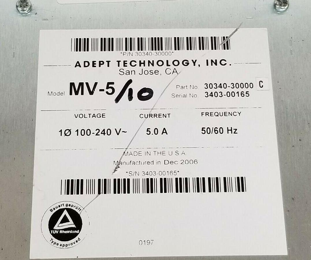 Used ADEPT TECHNOLOGY 30340-30000 PLC RACK CONTROLLER MODEL: MV-5/10 100-240V 5.0A