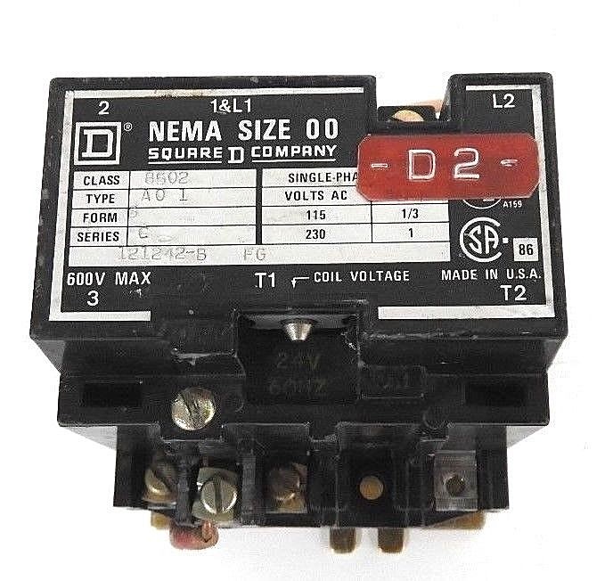 Used SQUARE D 8502-AO-1 CONTACTOR NEMA SIZE 00, FORM: S, SERIES: C, COIL: 24V 60HZ