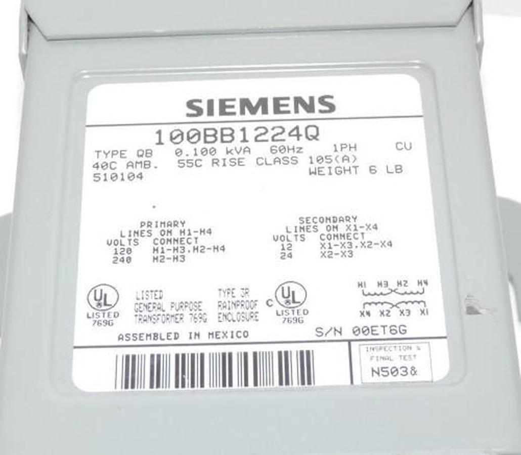 Used SIEMENS 100BB1224Q BUCK-BOOST TRANSFORMER TYPE: QB, 0.100 KVA, 60HZ, 1PH