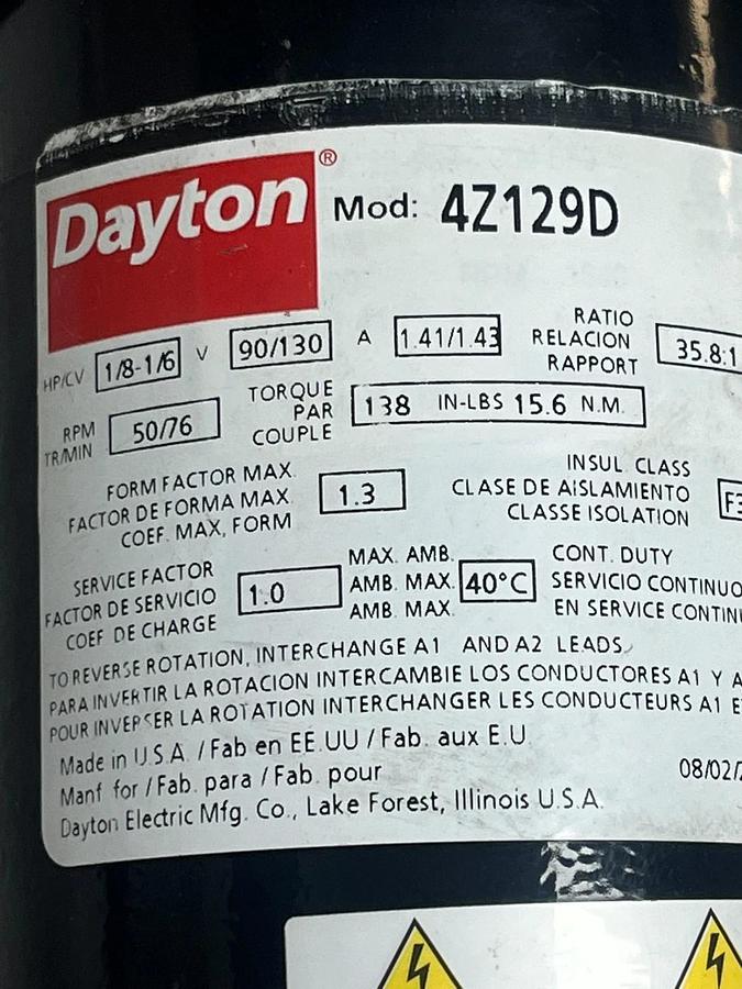 Used Dayton 4Z129D Parallel Shaft Permanent Magnet DC Gearmotor 1/8 HP 90V 50 RPM