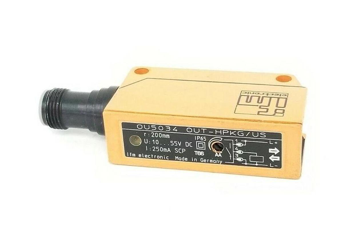 Used IFM EFECTOR OU5034 OUT-HPKG/US DIFFUSE REFLECTION SENSOR, 200MM, 10-55V DC