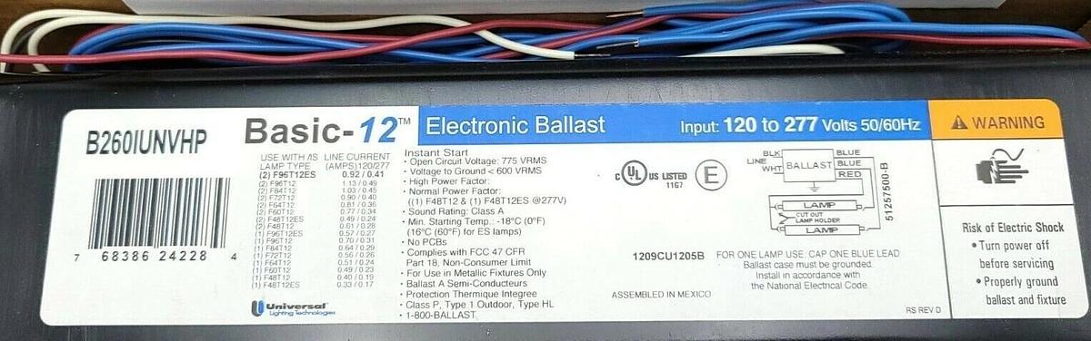Used NIB UNIVERSAL LIGHTING TECHNOLOGY B260IUNVHP 000I ELECTRONIC BALLAST 120-277 VAC