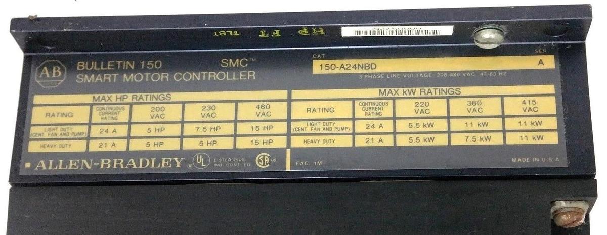 Used ALLEN BRADLEY 150-A24NBD SMART MOTOR CONTROLLER 150A24NBD SER. A