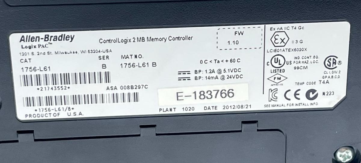 Used ALLEN BRADLEY 1756-L61 /B ControlLogix Logix5561 Processor CPU 2MB Memory REP