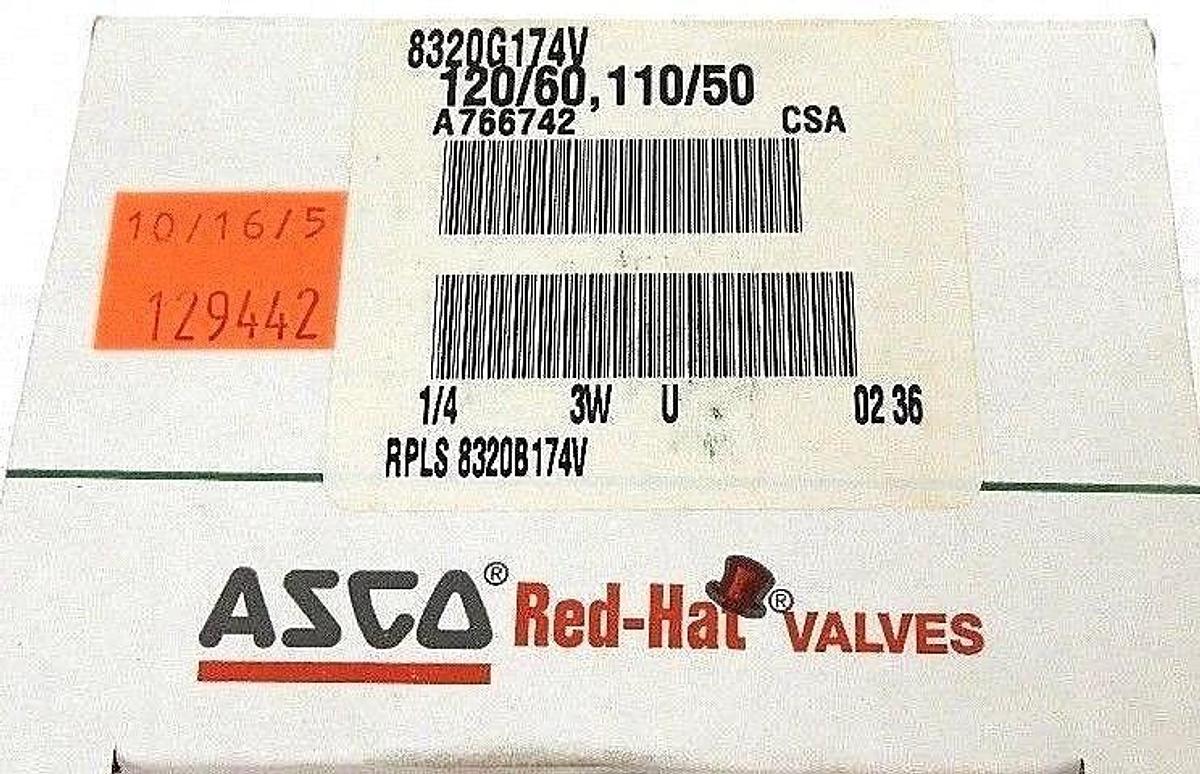Used NIB ASCO 8320G174V SOLENOID VALVE 120/60 - 110/50, 1/4 PIPE, 17.1 WATTS, 100PSI