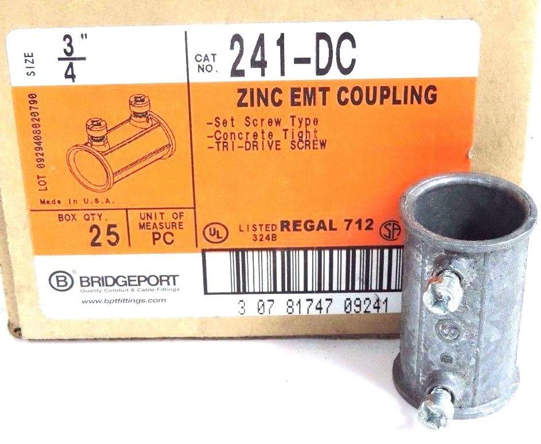 Used BOX OF 15 NEW BRIDGEPORT 241-DC 3/4 ZINC EMT COUPLINGS 241DC