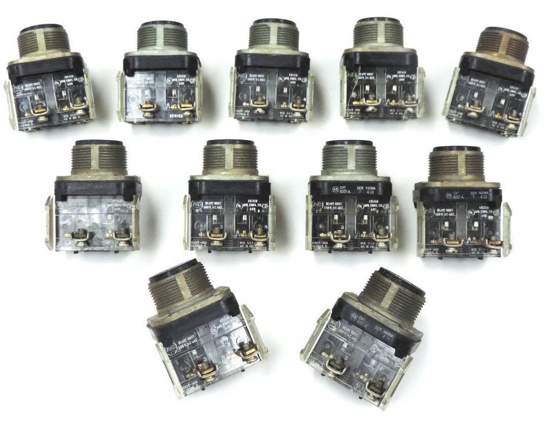 Used LOT OF 11 ALLEN BRADLEY 800T-A PUSHBUTTONS SER. T W/ 800T-XD1 CONTACTS SER. C