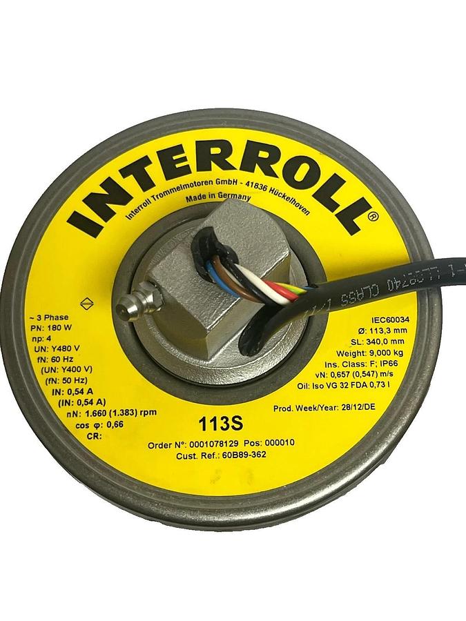 Interroll 113S Drum Motor | 180W 480V 3PH | Ø 113.3mm SL: 340mm | New Surplus