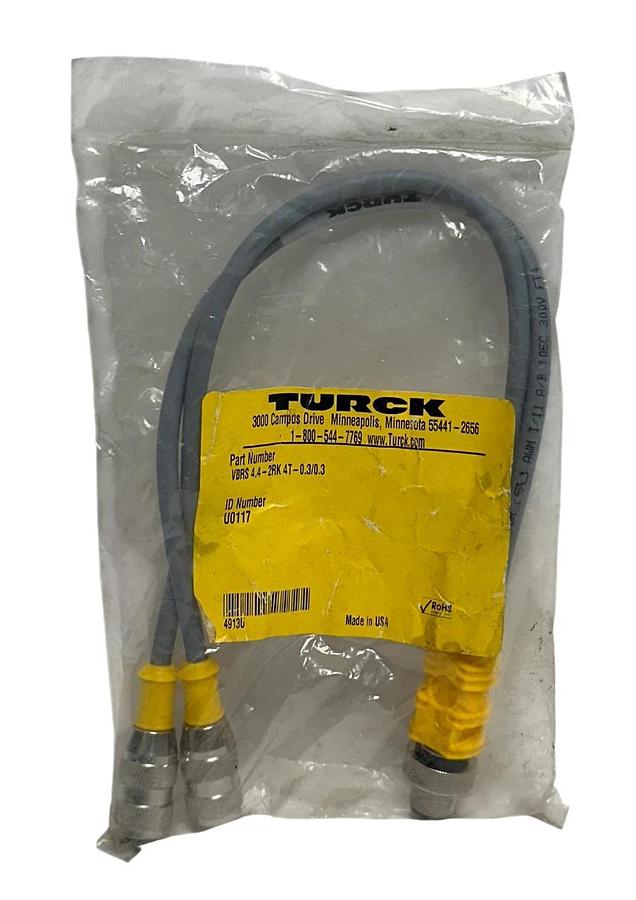 Used TURCK VBRS 4.4-2RK 4T-0.3/0.3 / U0117 ACTUATOR / SENSOR SPLITTER CABLE 0.3M NSFS