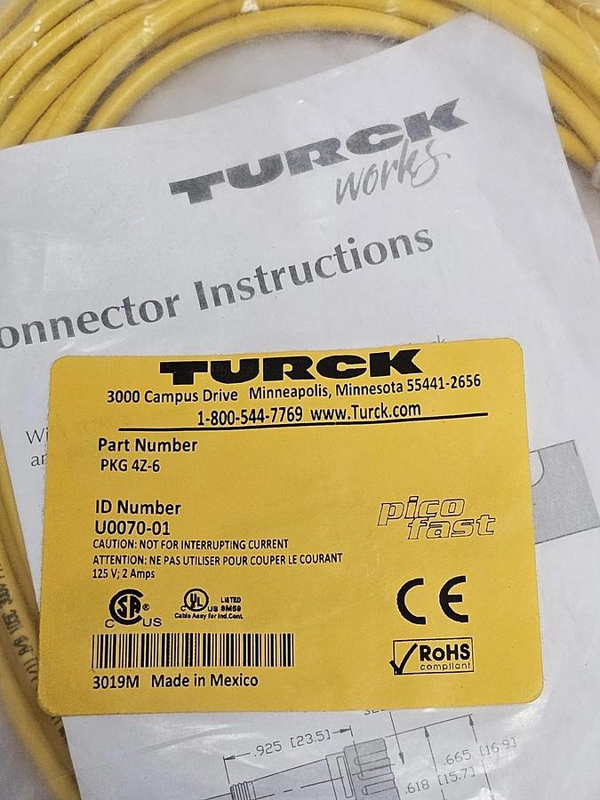 Used NEW TURCK PKG 4Z-6 PICOFAST MOLDED CORDSET ID NUMBER: U0070-01