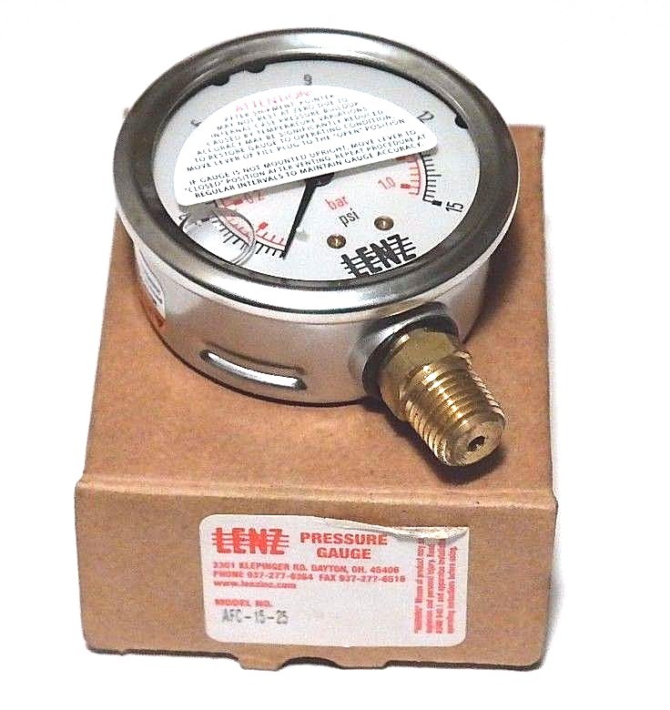 NIB LENZ AFC-15-25 PRESSURE GAUGE 0-15PSI, 0-1.0BAR, AFC1525
