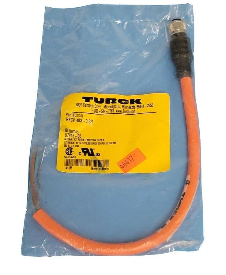 Used NEW TURCK RKCV 483-0.3M CORDSET ID NO. U7915-03
