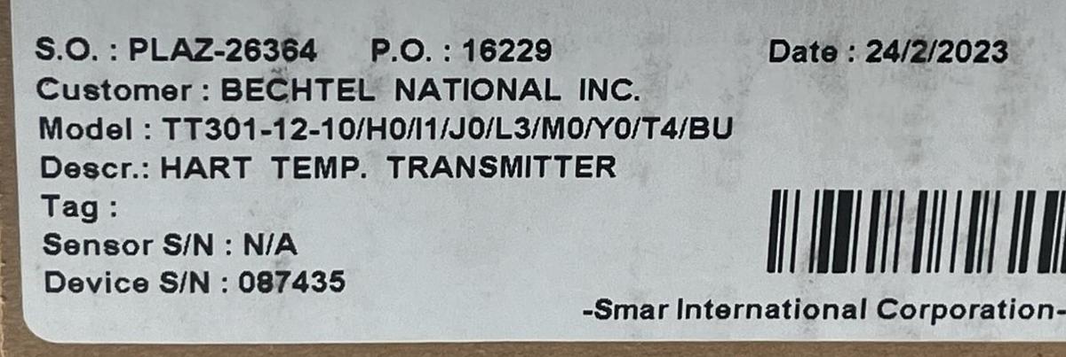 Used Smar TT301 HART Temp. Transmitter Dual Input TT301-12-10/H0/I1/J0/L3/M0/Y0/T4/BU