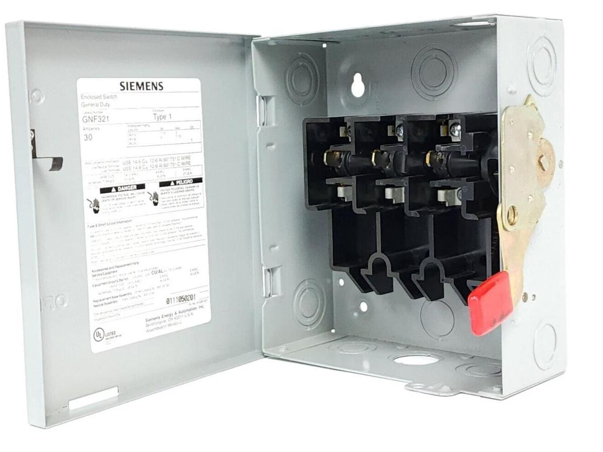 Used SIEMENS GNF321 GENERAL DUTY ENCLOSED SWITCH 30AMPS TYPE 1 ENCLOSURE