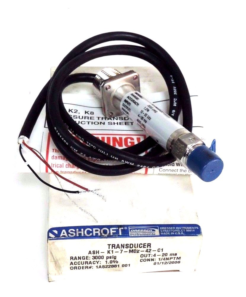 Used NIB ASHCROFT ASH-K1-7-M02-42-C1 TRANSDUCER 3000PSIG, 4-20MA, 1/4'' NPTM, 1.0%