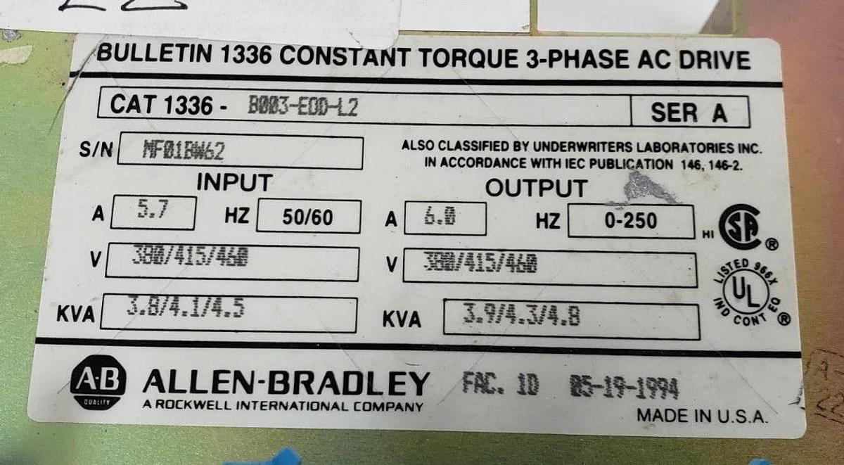 Used ALLEN BRADLEY 1336-B003-EOD-L2 DRIVE ASSEMBLY 120659 148363 REV. 02 (INCOMPLETE)