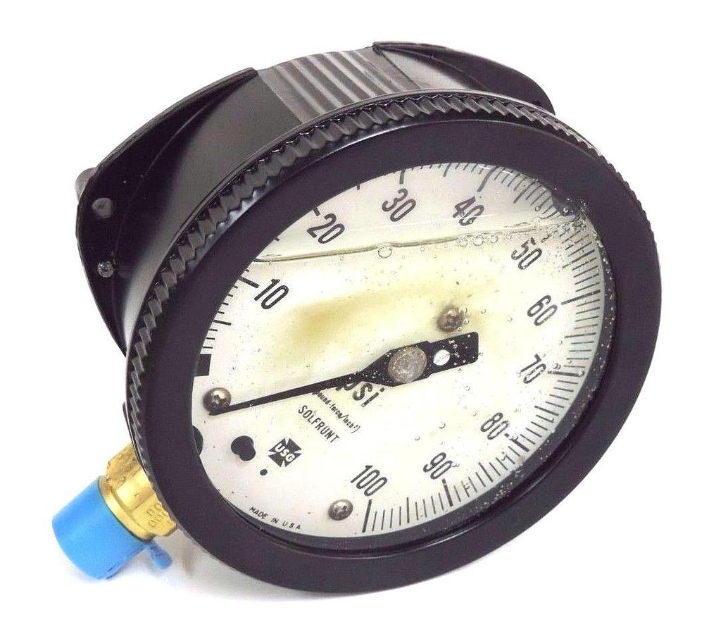 Used NIB USG 1X655 PRESSURE GAUGE 0-100PSI, 4 1/2'', 1901L, GLYCERIN, 1X655-2