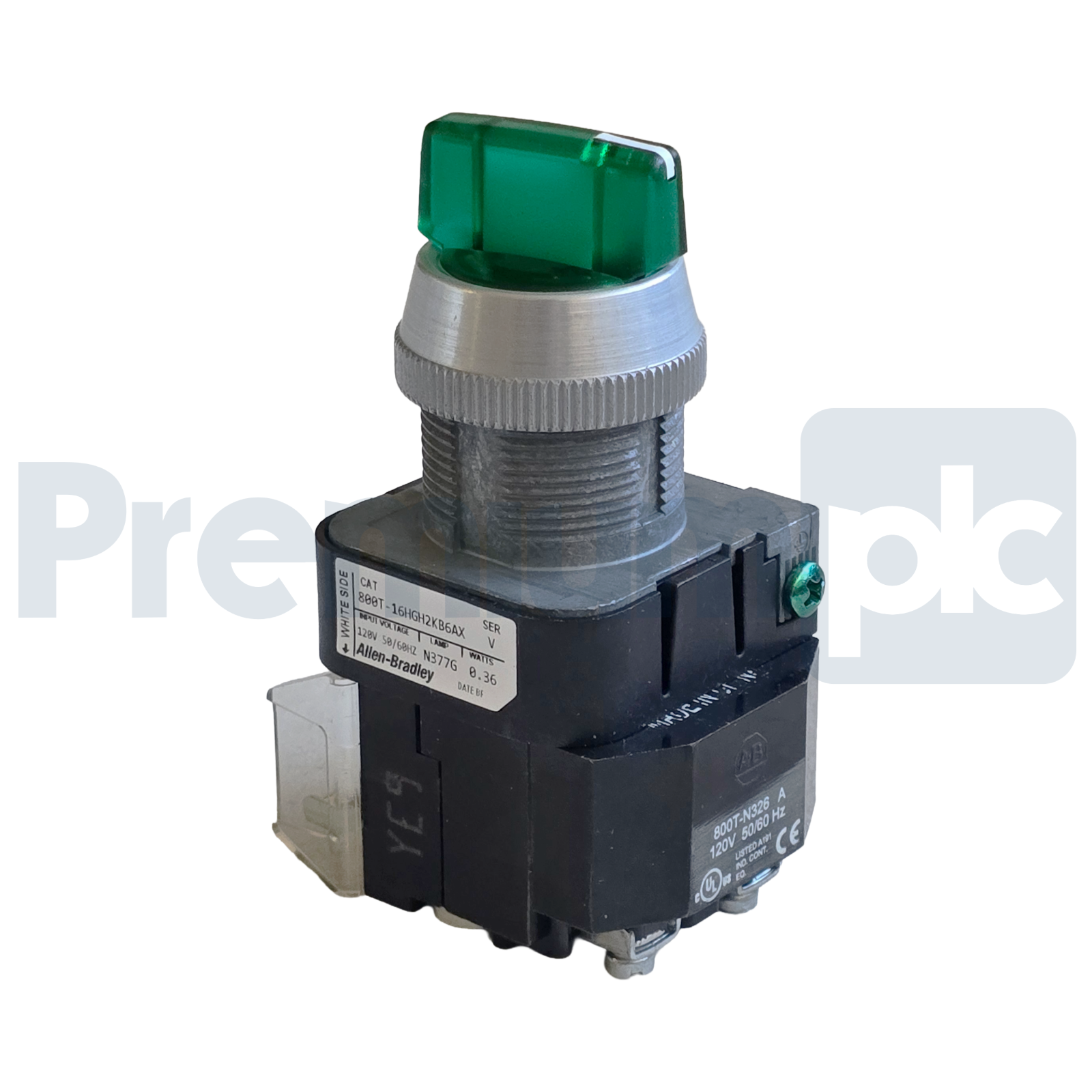 Used Allen-Bradley 800T-16HGH2KB6AX /V Selector Switch 30mm 2-Pos Green LED 120V NSNP