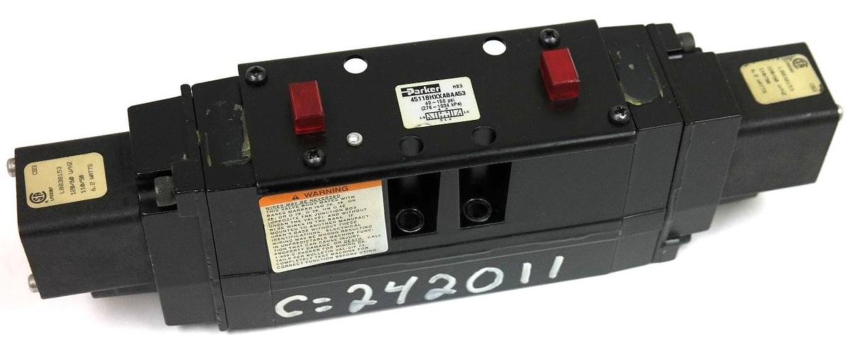 Used PARKER 4511BHXXABAA53 VALVE 40-150 PSI W/ L0030153 COILS 6.2 WATTS