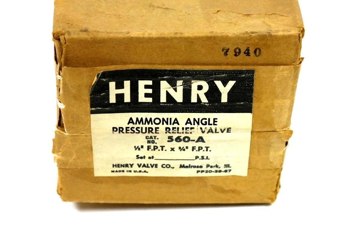 Used NIB HENRY 560-A PRESSURE RELIEF VALVE AMMONIA ANGLE TYPE 1/2'' F.P.T. X 3/4''