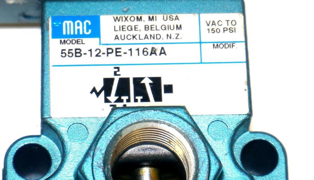 Used MAC 55B-12-PE-116AA VALVE W/ PED-116AAAA, 6.8 WATTS, 30 TO 150 PSI