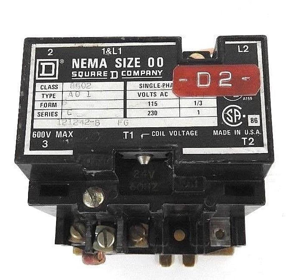 Used SQUARE D 8502-AO-1 CONTACTOR NEMA SIZE 00, FORM: S, SERIES: C, COIL: 24V 60HZ