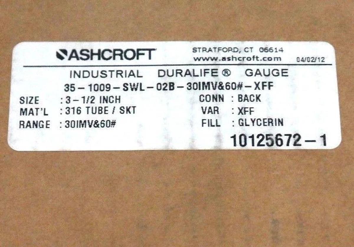 Used NIB ASHCROFT 35-1009-SWL-02B-30IMV&60#-XFF DURALIFE GAUGE SIZE: 3-1/2''