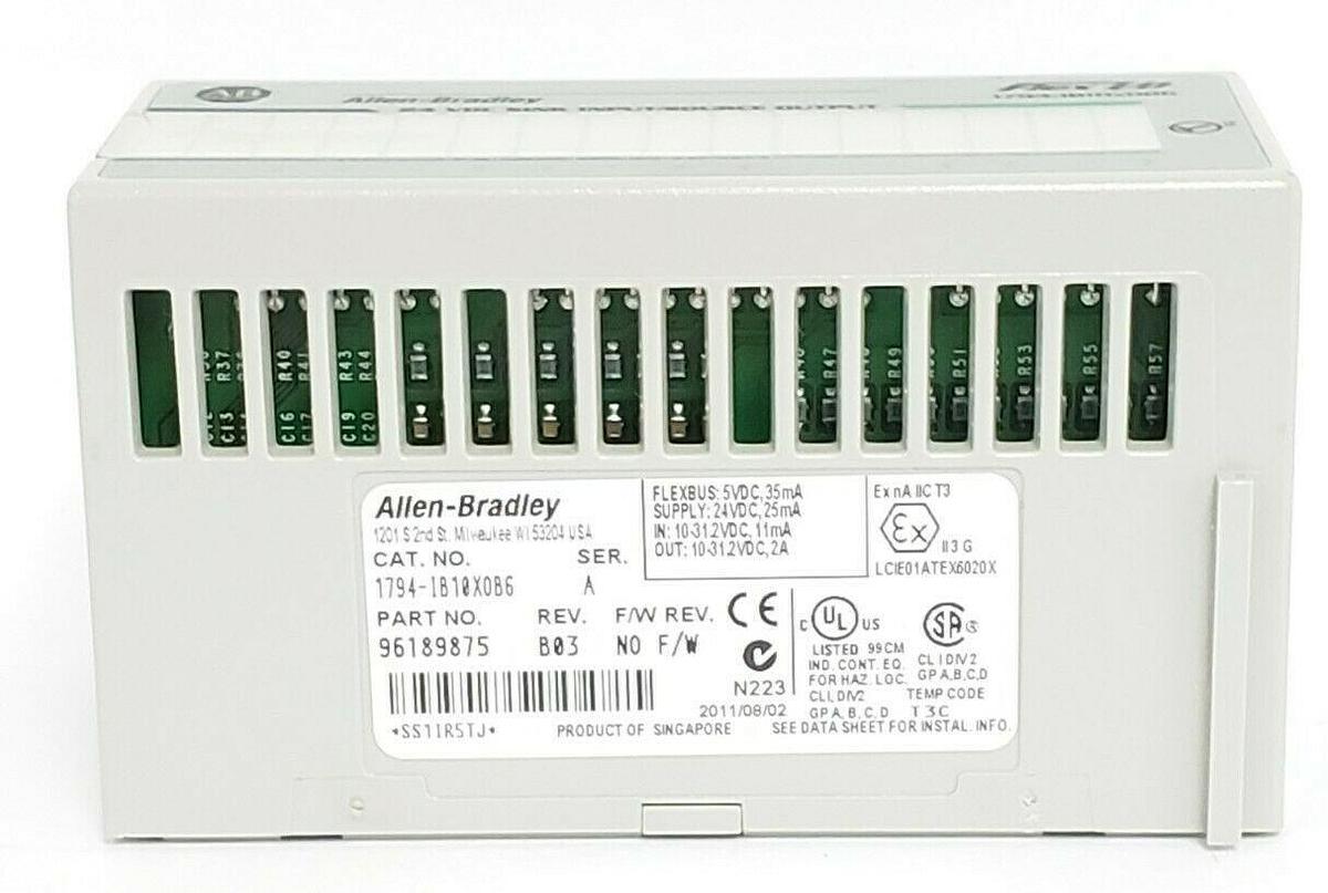 Used ALLEN BRADLEY 1794-IB10XOB6 FLEX I/O 24 VDC SINK INPUT/SOURCE OUTPUT SER. A