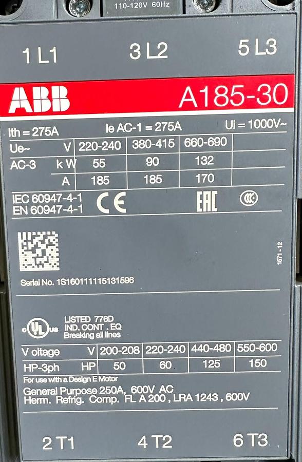 Used ABB A185-30 / A18530 CONTACTOR 275A 1000V 3-POLE W/ ABB EF205-210 OVERLOAD RELAY