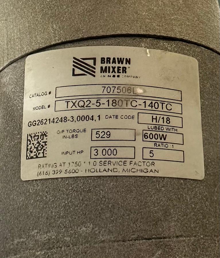 Used BRAWN MIXER BGMF500 PROCESS MIXER TXQ2-5-180TC-140TC 3HP 707506L 600W 5:1 RATIO