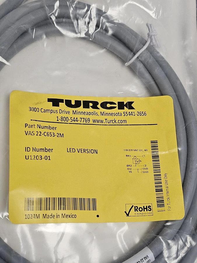 Used LOT OF 2 NEW TURCK VAS 22-C653-2M CORDSETS ID NUMBER: U1203-01 LED VERSION