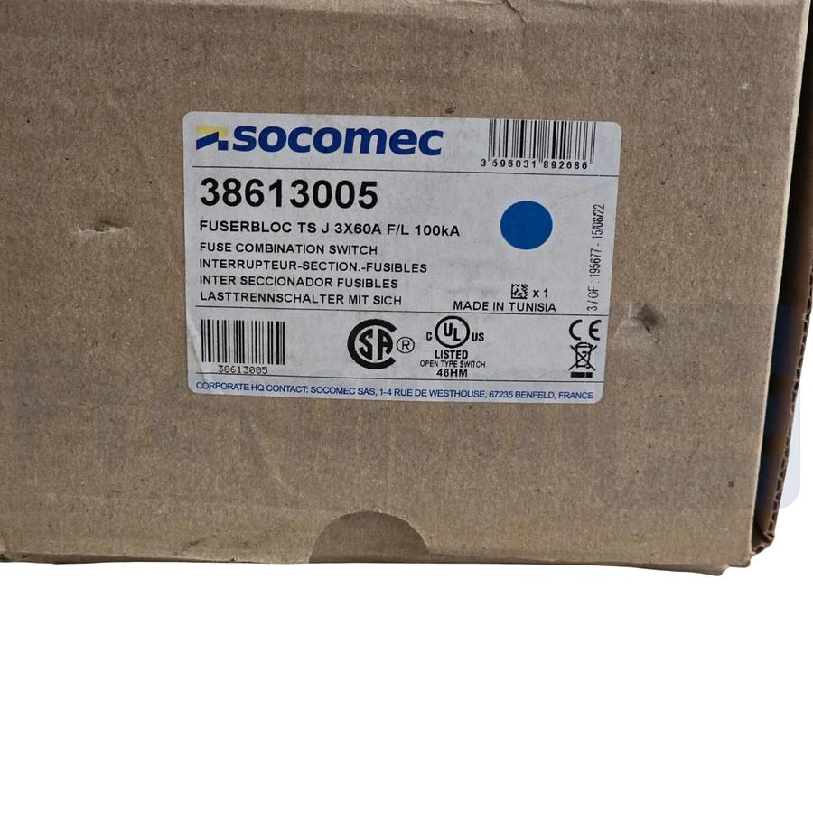 Used Socomec 38613005 FUSERBLOC TS J 3-Pole 60A 100kA Fusible Disconnect Switch NSMP