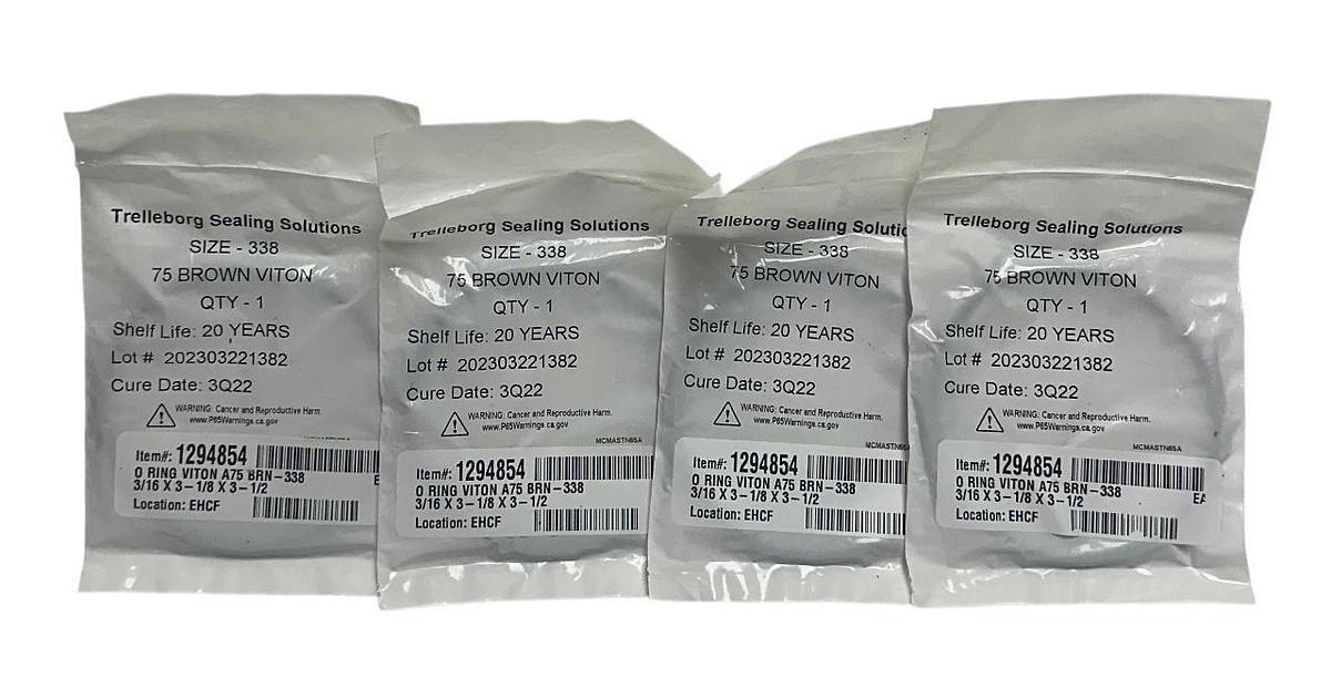 Used 4 TRELLEBORG SEALING SOLUTIONS MCMASTN65A SIZE 338 OEM O-RINGS 75 VITON NSFS