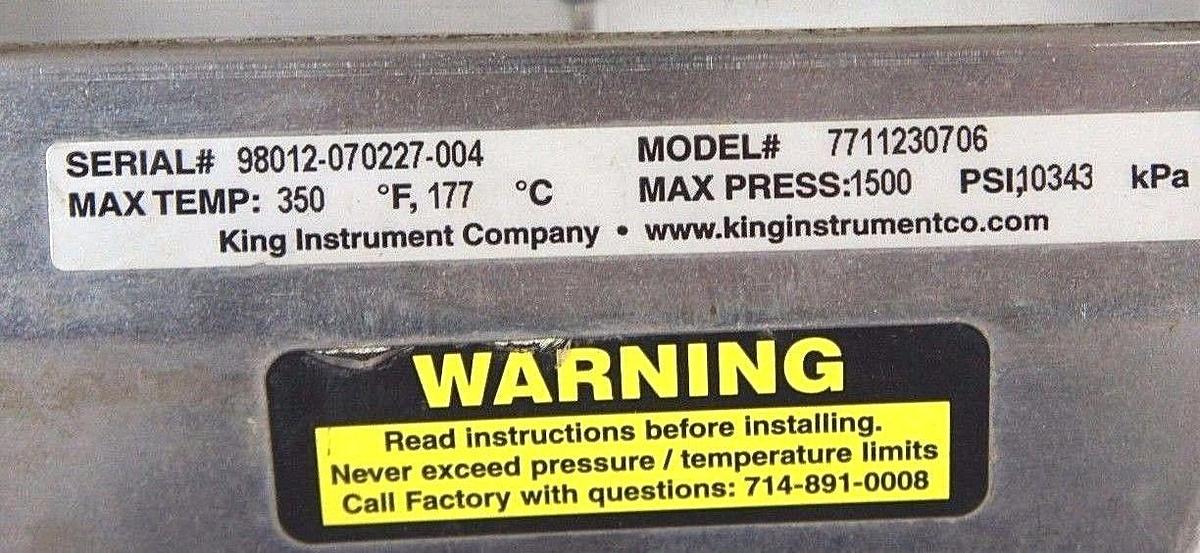Used KING MODEL 7700 SERIES FLOWMETER, 7711230706, 1500 PSI MAX PRESS