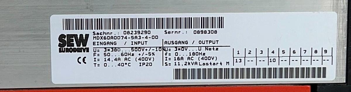 Used SEW EURODRIVE MC07B0075-5A3-4-00 / 08285268 MOVITRAC MDX60A0074-5A3-4-00 USNP