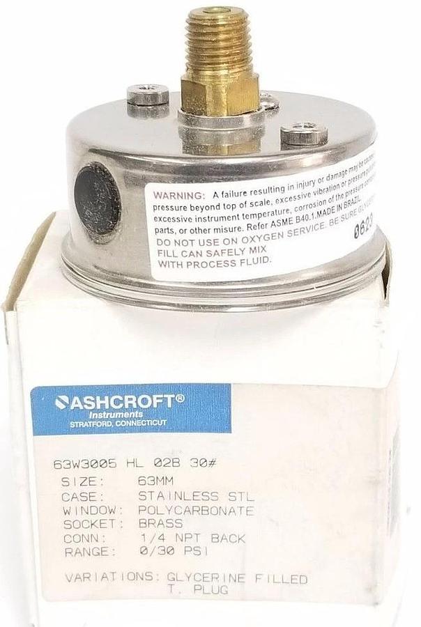 NIB ASHCROFT 63W3005 HL 02B 30 GAUGE SIZE: 63MM, 1/4 NPT BLACK, RANGE: 0/30 PSI