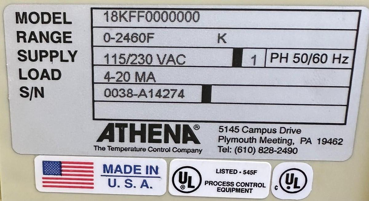Used NEW ATHENA 18KFF0000000 TEMPERATURE CONTROLLER 0-2460F 115/230VAC 50/60Hz 4-20MA
