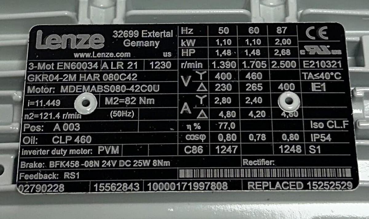 Used LENZE GKR04-2M HAR 080C42 / MDEMABS080-42C0U GEARMOTOR W/ BRAKE 15562843 NSNP